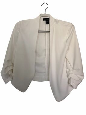 Rachel Zoe White Open Front 3/4 Ruched Sleeves Collared Chic Blazer